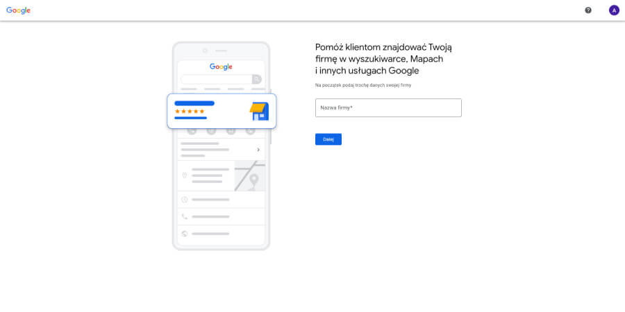Zrzut ekranu przedstawiający proces zakładania Profilu Firmy w Google